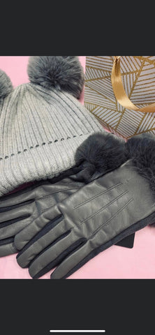 Pleather Gloves Fur Trim Black or Grey