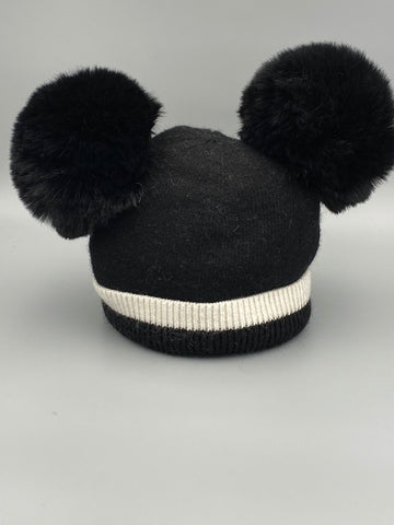 Double Pom Pom Black Hat with White Stripe