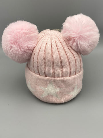 Double Pom Pom Hat With Star Detail in Pink
